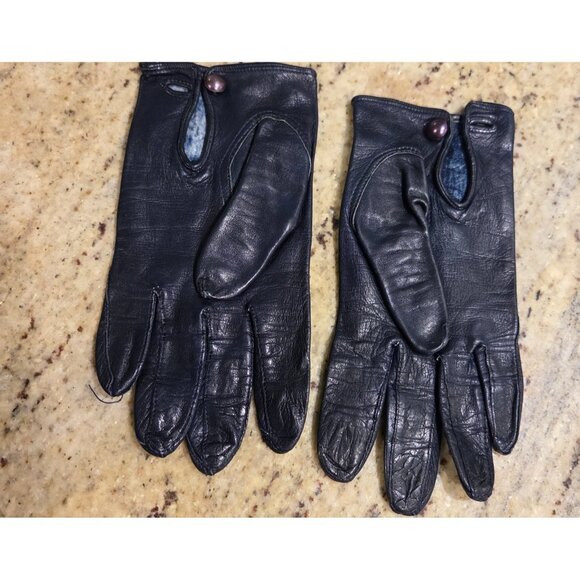 Vintage Womens Size S Blue Leather Formal 7" Short Gloves Pearly Button - Picture 5 of 14